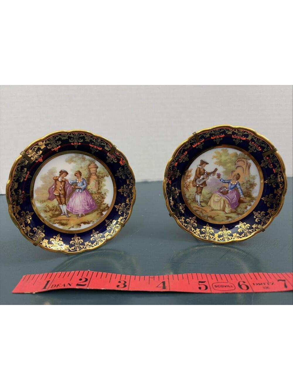 Pair Limoges France Miniature Plates Cobalt Blue Gold Signed Fragonard Rehausse